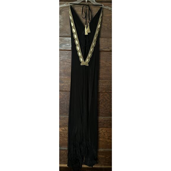 Asa Kaftans Black Gold Beading Halter Dress w/ Double Tie Front Robe Sz L / XL - Picture 5 of 16